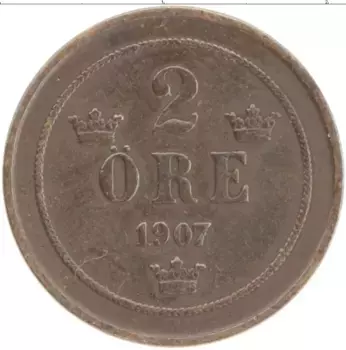 Монета 2 эре Швеции 1907 года Бронза Оскар II