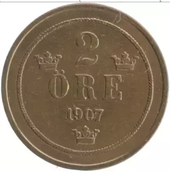 Монета 2 эре Швеции 1907 года Бронза Оскар II