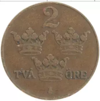 Монета 2 эре Швеции 1921 года Бронза Густав V