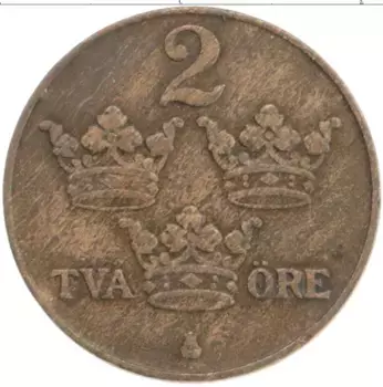Монета 2 эре Швеции 1922 года Бронза Карл Густав