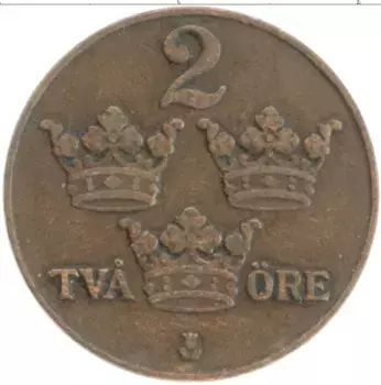 Монета 2 эре Швеции 1924 года Бронза Густав V