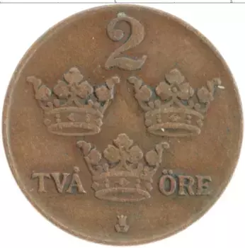 Монета 2 эре Швеции 1928 года Бронза Густав V