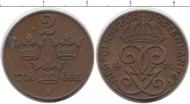 Монета 2 эре Швеции 1930 года Бронза Густав V