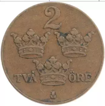 Монета 2 эре Швеции 1935 года Бронза Густав V
