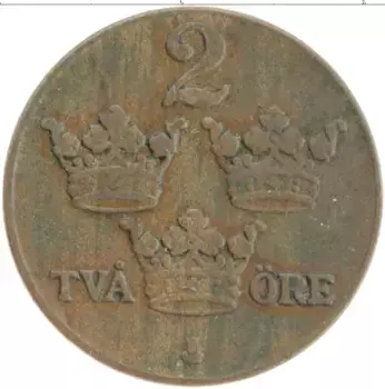 Монета 2 эре Швеции 1936 года Бронза Густав V