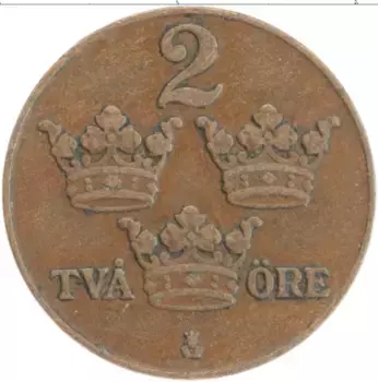 Монета 2 эре Швеции 1937 года Бронза Густав V