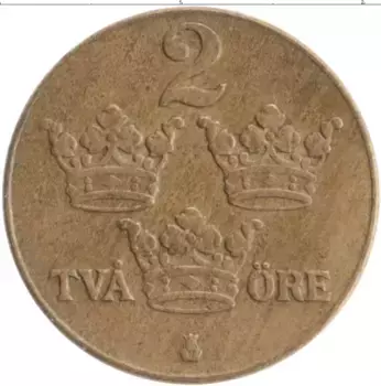 Монета 2 эре Швеции 1937 года Бронза Густав V