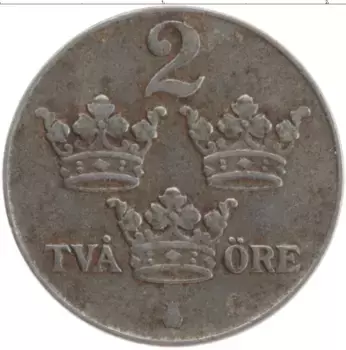 Монета 2 эре Швеции 1942 года Железо Густав V