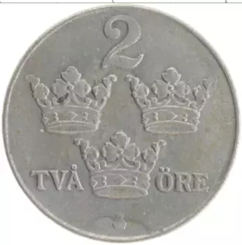 Монета 2 эре Швеции 1942 года Железо Густав V