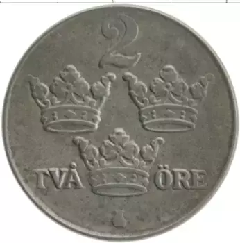 Монета 2 эре Швеции 1942 года Железо Густав V
