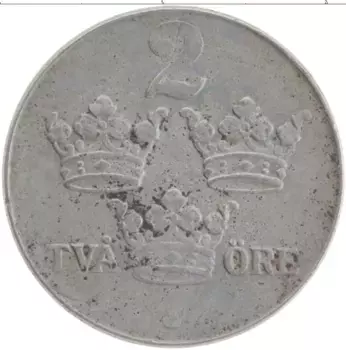 Монета 2 эре Швеции 1943 года Железо Густав V