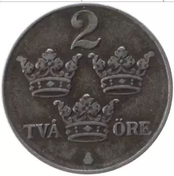 Монета 2 эре Швеции 1944 года Железо Густав V