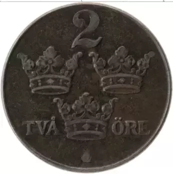 Монета 2 эре Швеции 1945 года Железо Густав V