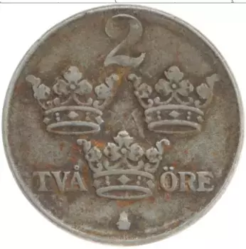 Монета 2 эре Швеции 1945 года Железо Густав V