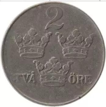 Монета 2 эре Швеции 1947 года Железо Густав V