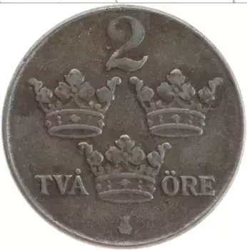 Монета 2 эре Швеции 1947 года Железо Густав V
