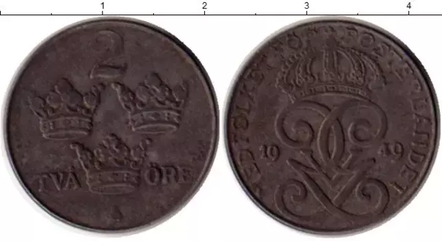 Монета 2 эре Швеции 1949 года Железо Густав V