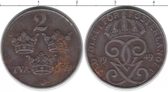 Монета 2 эре Швеции 1949 года Железо Густав V