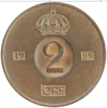 Монета 2 эре Швеции 1955 года Бронза Густав VI Адольф