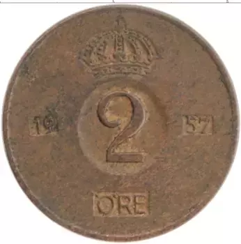Монета 2 эре Швеции 1957 года Бронза Густав VI Адольф