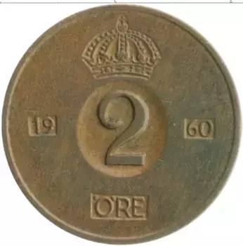 Монета 2 эре Швеции 1960 года Бронза Густав VI Адольф