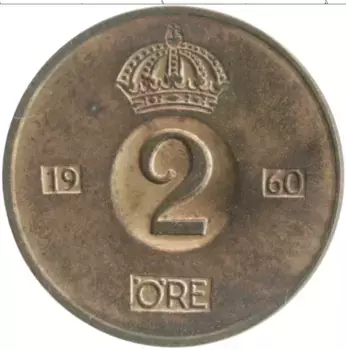 Монета 2 эре Швеции 1960 года Бронза Густав VI Адольф