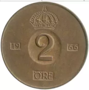 Монета 2 эре Швеции 1966 года Бронза Густав VI Адольф