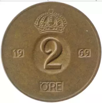Монета 2 эре Швеции 1969 года Медь Густав VI Адольф