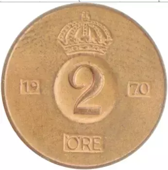 Монета 2 эре Швеции 1970 года Медь Года разные