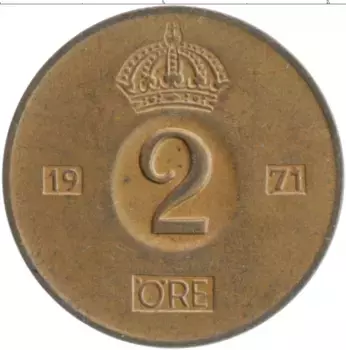 Монета 2 эре Швеции 1971 года Бронза Густав VI Адольф