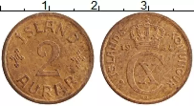 Монета 2 аурар Исландии 1938 года Бронза Кристиан Х