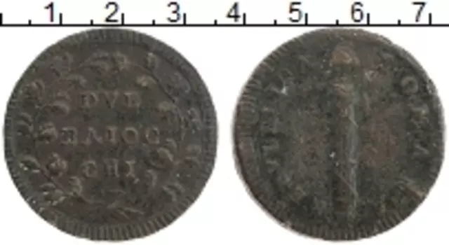 Монета 2 байоччи Италии 1799 года Медь Римская республика