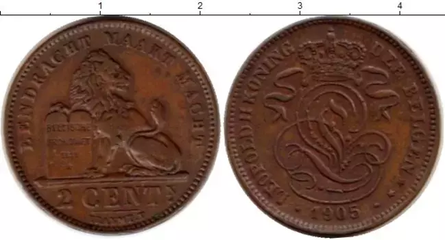 Монета 2 цента Бельгии 1905 года Бронза Лев