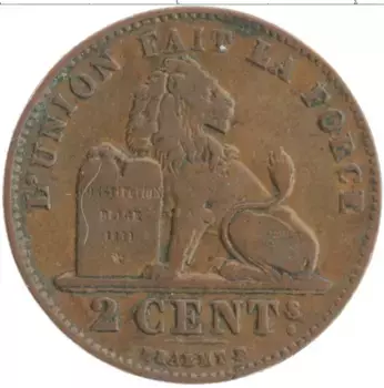 Монета 2 цента Бельгии 1909 года Медь Леопольд II