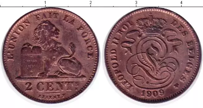 Монета 2 цента Бельгии 1909 года Медь Леопольд II