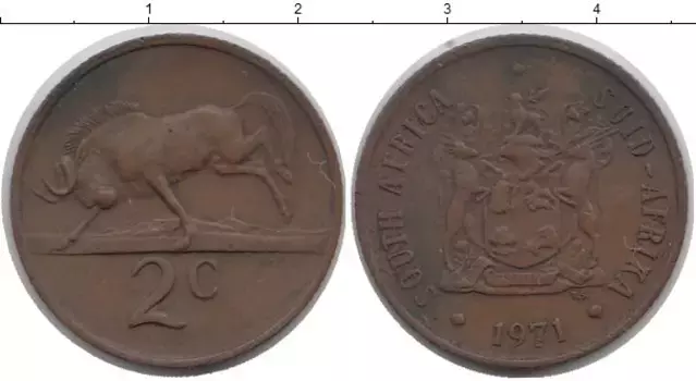 Монета 2 цента Южно Африканской Республики 1971 года Бронза