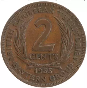 Монета 2 цента Кариб 1955 года Бронза Елизавета II