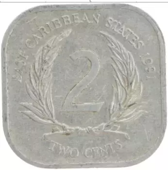 Монета 2 цента Кариб 1991 года Алюминий Елизавета II