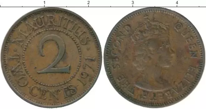 Монета 2 цента Маврикия 1971 года Бронза Елизавета II