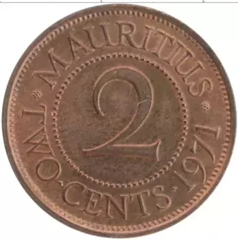 Монета 2 цента Маврикия 1971 года Бронза Елизавета II