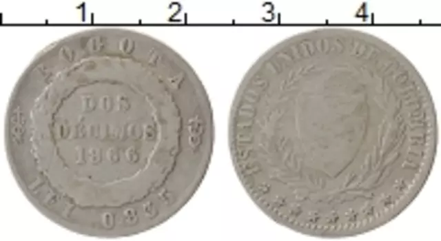 Монета 2 десимо Колумбии 1866 года Серебро