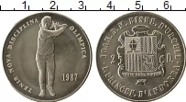 Монета 2 динерса Андорры 1987 года Медно-никель Тенис новая дисциплина Олимпиады