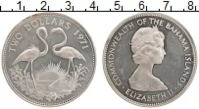 Монета 2 доллара Багамских островов 1971 года Серебро Елизавета II