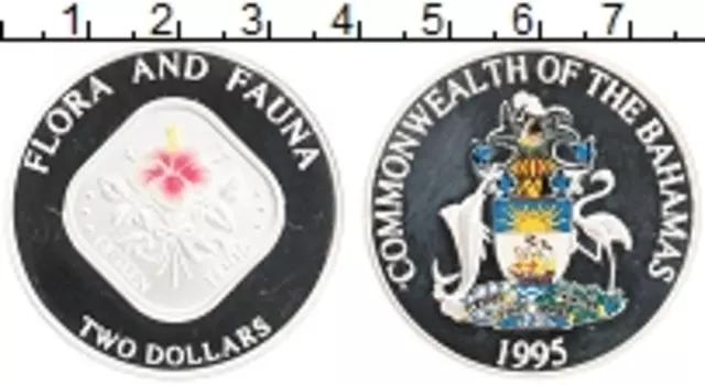 Монета 2 доллара Багамских островов 1995 года Серебро Флора и фауна