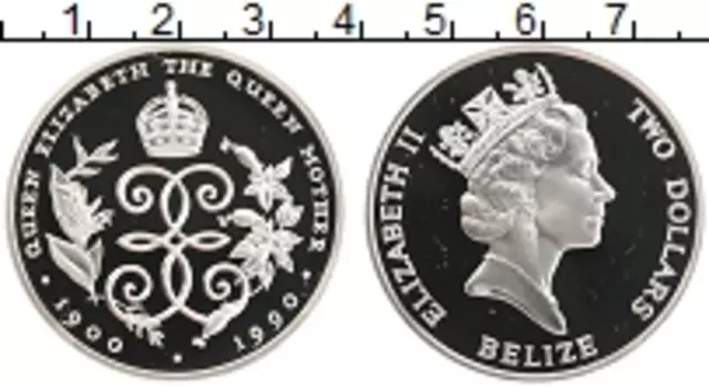 Монета 2 доллара Белиза 1990 года Серебро 90 лет Королеве-матери