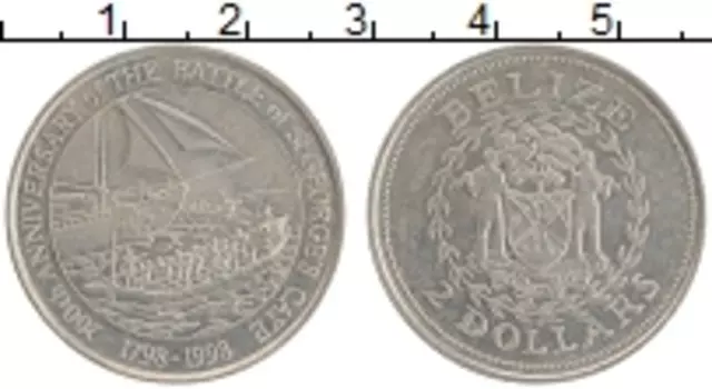 Монета 2 доллара Белиза 1998 года Медно-никель 200 лет сражению при Сент-Джордж Кей