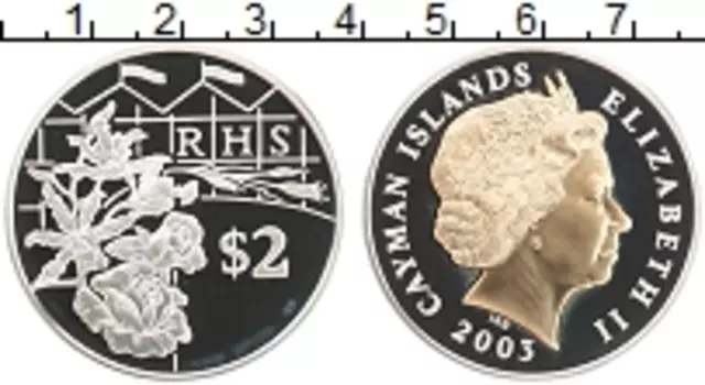 Монета 2 доллара Каймановых островов 2003 года Серебро 50 лет коронации королевы Елизаветы II