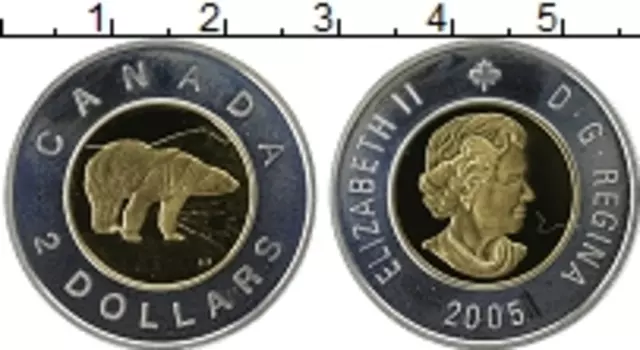 Монета 2 доллара Канады 2005 года Биметалл Белый медведь