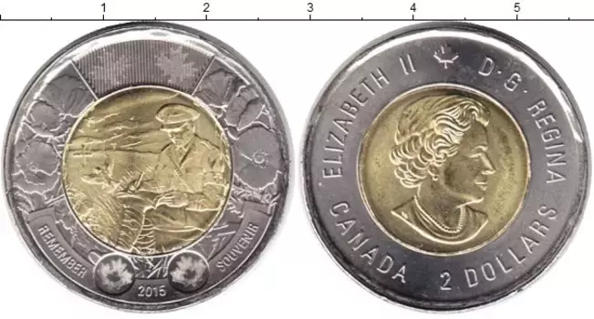 Монета 2 доллара Канады 2015 года Биметалл Надпись "Помнить" на английском ("Remember") и французском ("Souvenir")