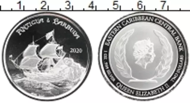 Монета 2 доллара Кариб 2020 года Серебро Елизавета II